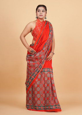 Krishna Creation Printed Handloom Pure Cotton Saree(Red)