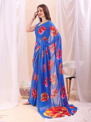 Leelavati Printed, Embellished, Embroidered Daily Wear Chiffon Saree(Blue)