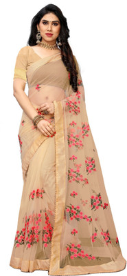 RITYANUSAR Embroidered Bollywood Net Saree(Beige)