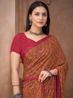 Tasrika Printed Hand Batik Crepe Saree(Maroon)