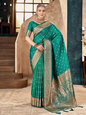 Mehrang Self Design Banarasi Silk Blend Saree(Blue)