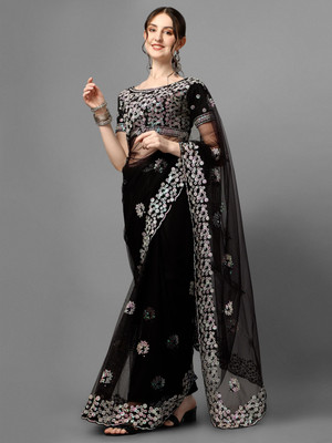zili Embroidered Bollywood Net Saree(Black)