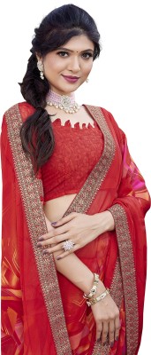 Priyashi Printed Daily Wear Georgette, Lace Saree(Red)