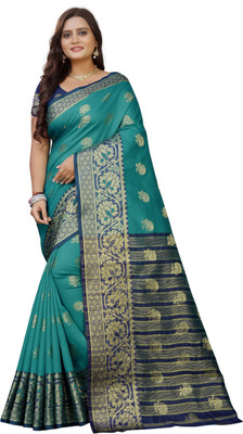 JS Clothing Mart Woven, Embellished, Self Design Kanjivaram Silk Blend Saree(Dark Blue, Green)
