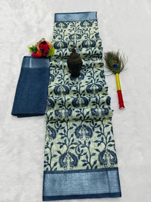 HouseOfCommon Printed Kanjivaram Linen, Cotton Linen Saree(Blue, White)