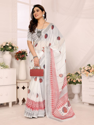 Soor Panchi Floral Print Bollywood Cotton Linen Saree(White)