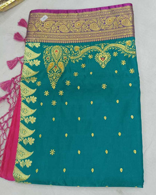 Poonam Self Design Banarasi Cotton Silk Saree(Green, Gold)