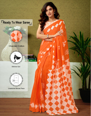 Satrani Floral Print, Geometric Print, Printed Sambalpuri Chanderi, Cotton Blend Saree(Orange)