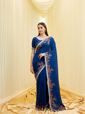 KASEE Embroidered Bollywood Silk Blend Saree(Blue)