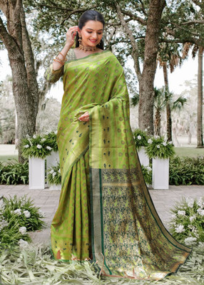 PRIMENIKS Woven Banarasi Cotton Silk Saree(Light Green)