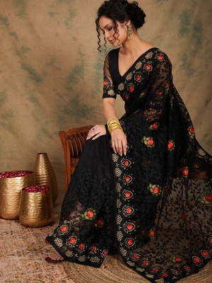 Divastri Embroidered Chanderi Net Saree(Black)