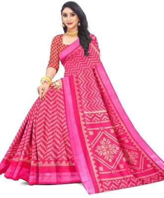 Sirmore Sarees Printed Bollywood Cotton Linen Saree(Pink)