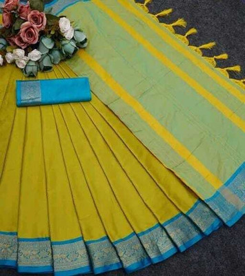 KHODALSAREEFEB Solid/Plain, Woven, Striped Banarasi Cotton Silk Saree(Dark Green, Purple)
