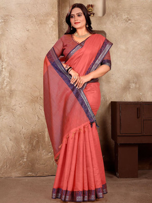 M.S.RETAIL Solid/Plain, Woven Handloom Cotton Linen Saree(Orange)