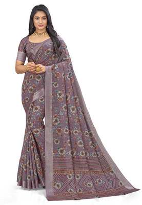 PARVOTSAV Floral Print Daily Wear Linen Saree(Brown)