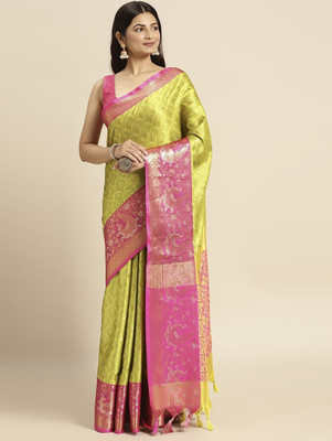 HouseOfCommon Woven, Self Design Banarasi Cotton Silk, Jacquard Saree(Yellow, Pink)
