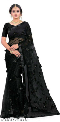 om shopping hub Embroidered Bollywood Net Saree(Black)