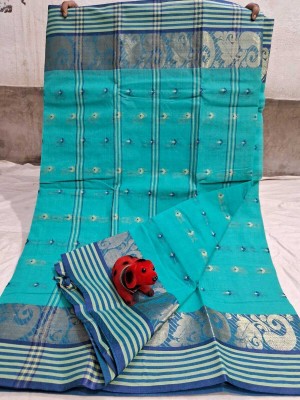 Sthaker Self Design Tant Pure Cotton Saree(Light Blue)