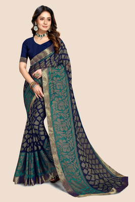 EMV Printed, Polka Print Bollywood Brasso, Chiffon Saree(Dark Blue)