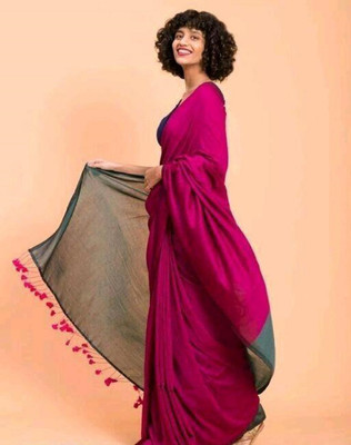 BRYNBRIT Self Design, Temple Border Handloom Cotton Blend Saree(Red)