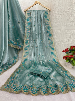 MIYANIFAB Embroidered Bollywood Jimmy choo Saree(Light Blue)