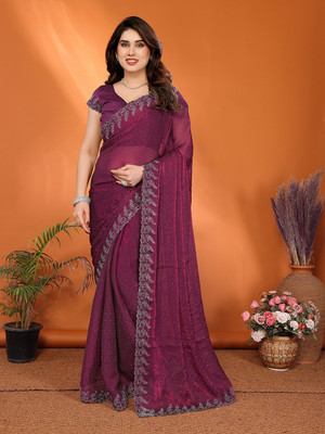 Moda Rapido Embellished, Solid/Plain Bollywood Chiffon Saree(Magenta)