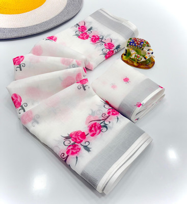 SDGRATITUDE Floral Print Bollywood Linen, Cotton Linen Saree(White)