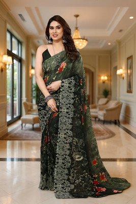 SmittenSmit Striped Bollywood Georgette Saree(Dark Green)
