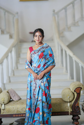 Ravenclaw Digital Print Banarasi Cotton Linen Saree(Blue)