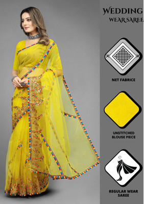 Barkiya Creation Embroidered Bollywood Net Saree(Yellow)