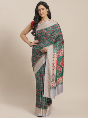 Saanjh Floral Print Saree with Attached Blouse Silk Blend Saree(Green)