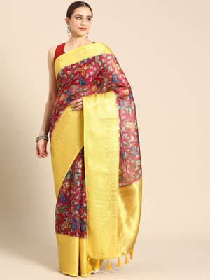 SILK ZONE Digital Print Banarasi Silk Blend Saree(Maroon)