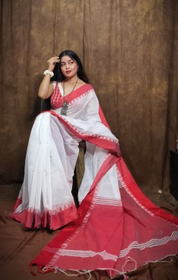 SANVISAREE Woven Handloom Cotton Blend Saree(White)