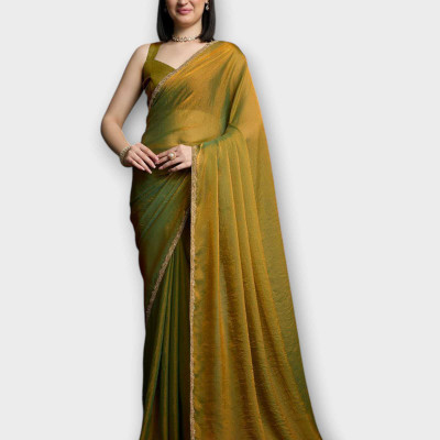 Dhimahi Solid/Plain Bollywood Chiffon Saree(Green)