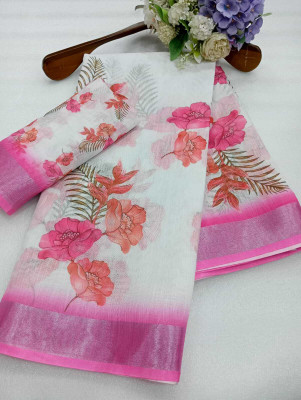 DEVICE of NT Printed, Woven Kanjivaram Pure Cotton, Cotton Linen Saree(White)
