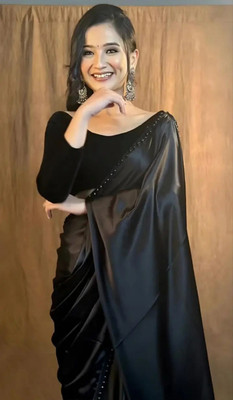 kamani fashion Solid/Plain, Self Design, Dyed Mundum Neriyathum Satin, Polyester Saree(Black)