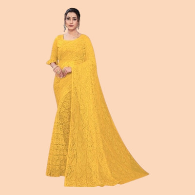 NORAFLEX Embroidered Bollywood Net Saree(Yellow)