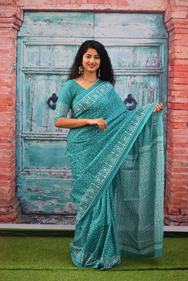 DASTKARPRINT Printed, Color Block, Blocked Printed, Floral Print, Dyed Daily Wear Pure Cotton Saree(Green)