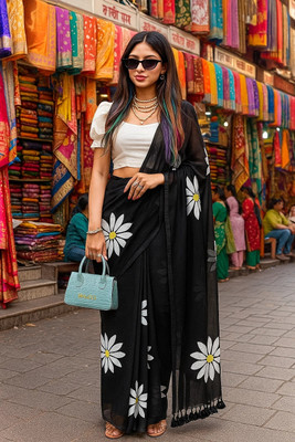 Bieth Floral Print Handloom Pure Cotton Saree(Black)