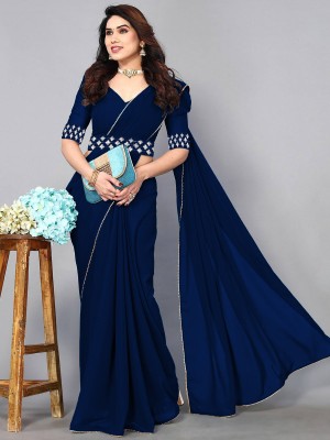 HomeDeal Embroidered, Solid/Plain Bollywood Georgette Saree(Dark Blue)