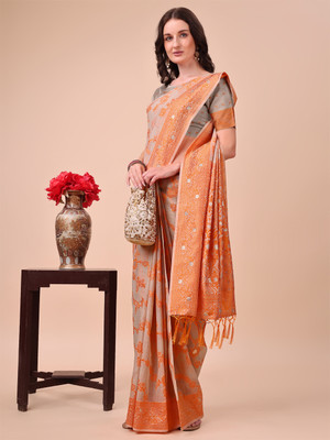 Tasrika Woven Banarasi Cotton Silk Saree(Orange)