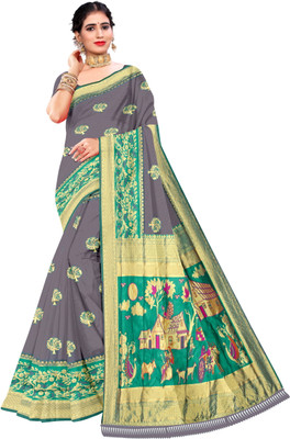 A V M PRINTS Embellished Kanjivaram Cotton Blend Saree(Grey)