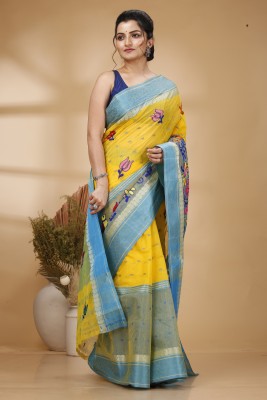 PuJoy Embellished, Woven, Embroidered Tant Pure Cotton Saree(Yellow)