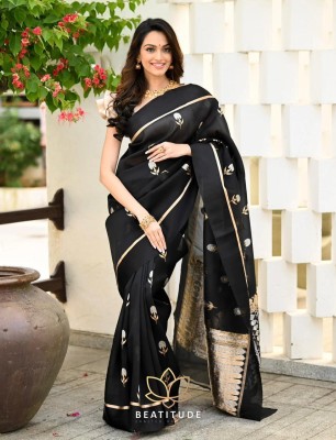 HANSIKA FASHION Applique Banarasi Silk Blend Saree(Black)