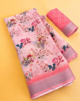 VCREATION Digital Print Bollywood Linen Saree(Pink)