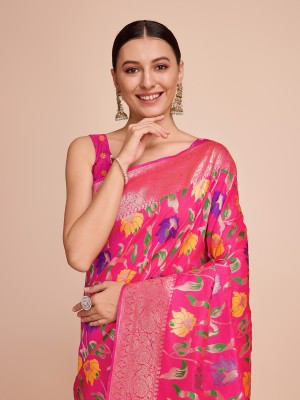 GajGajra Woven, Floral Print, Self Design, Embellished Bollywood Pure Silk Saree(Pink)