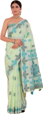 NEGRONI Printed Daily Wear Linen Saree(Green)