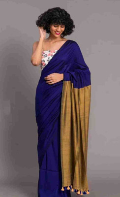Hiya saree And Punjabi house Solid/Plain Handloom Pure Cotton, Cotton Silk Saree(Blue)
