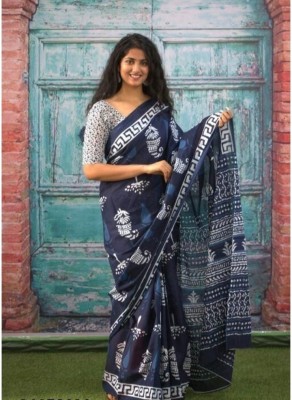 SUNDREESAREE Blocked Printed, Color Block, Floral Print, Printed Ikkat Pure Cotton Saree(Blue)