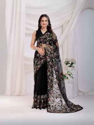 odette Embroidered Saree with Attached Blouse Net Saree(Black)